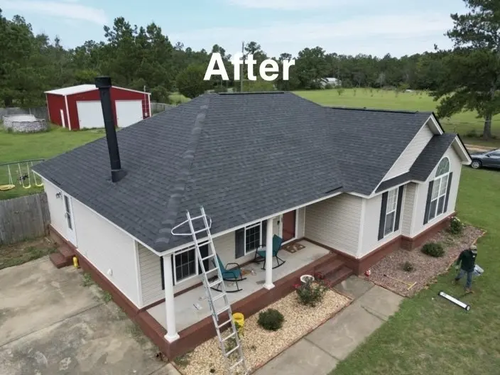 Finished shingle roof on a house with a porch