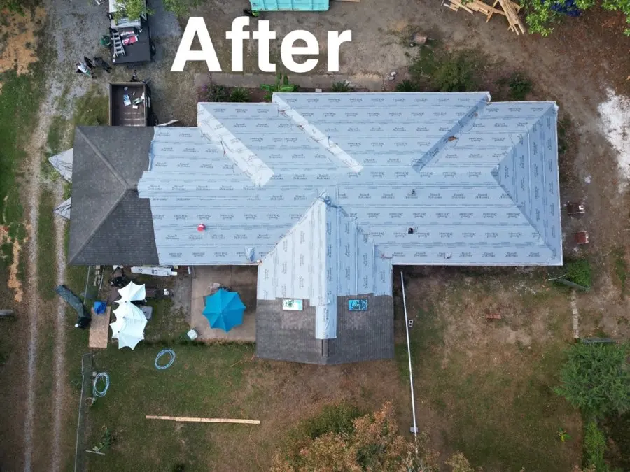 Drone view of a roof during replacement